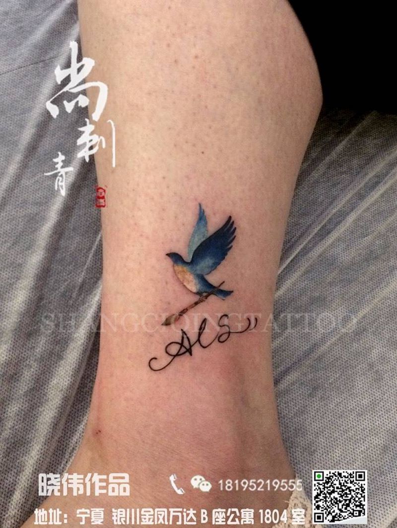 小鸟纹身图片_成品腿部清新欧美动物纹身图案