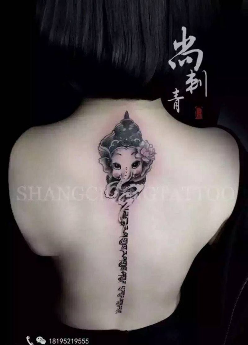 梵语象神纹身图片_成品背部清新动物鬼神宗教字符纹身图案