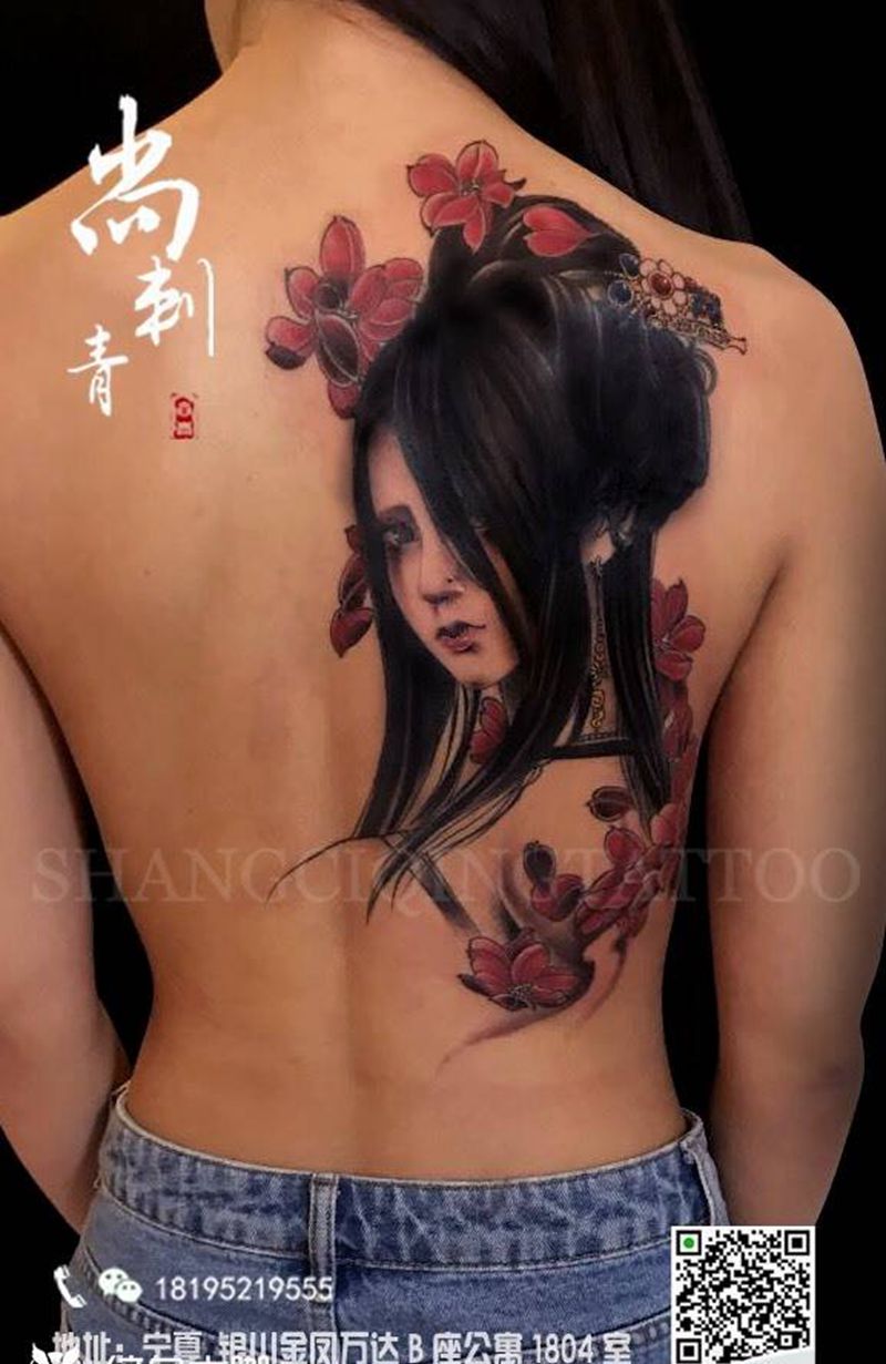 遮盖纹身图片_成品背部清新人物遮盖传统纹身图案