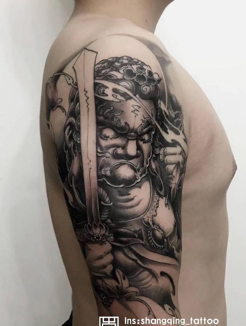 不动明王纹身图片_成品手臂传统人物鬼神纹身图案