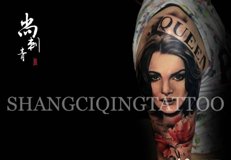 欧美美女肖像纹身图片_成品手臂欧美写实肖像人物纹身图案