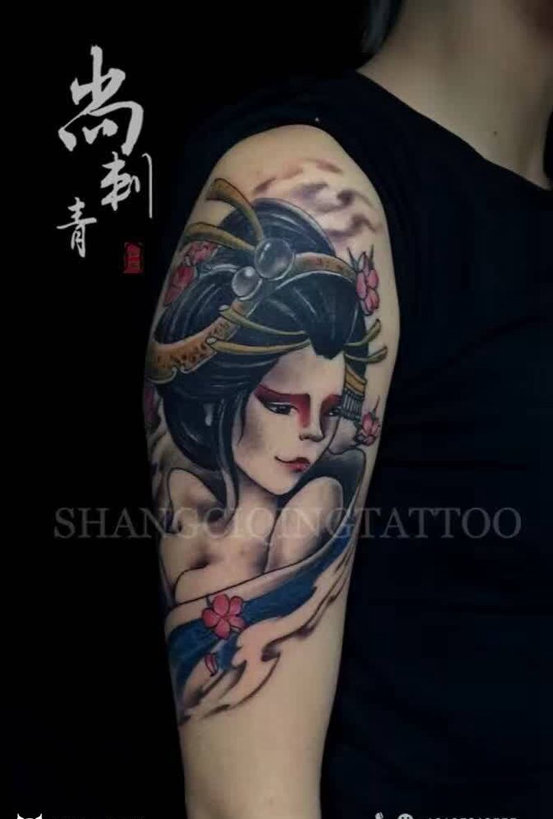 艺姬纹身图片_成品手臂传统卡通人物纹身图案