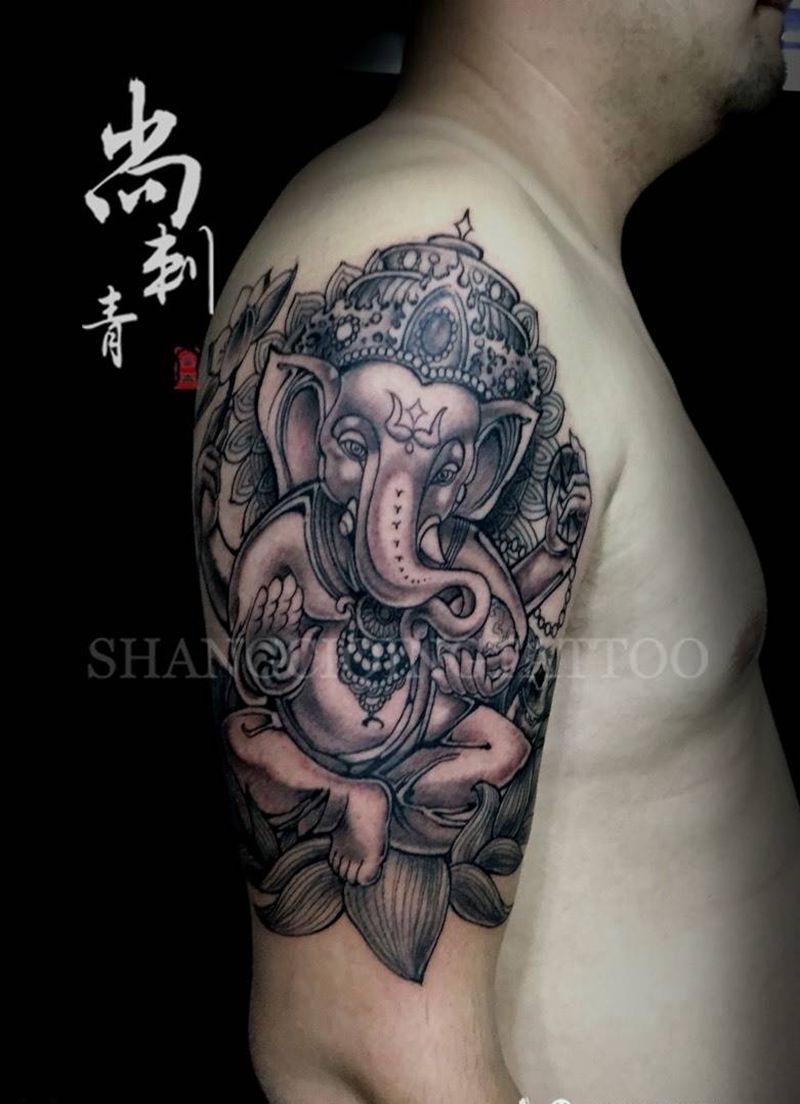 象神纹身图片_成品手臂传统宗教鬼神纹身图案
