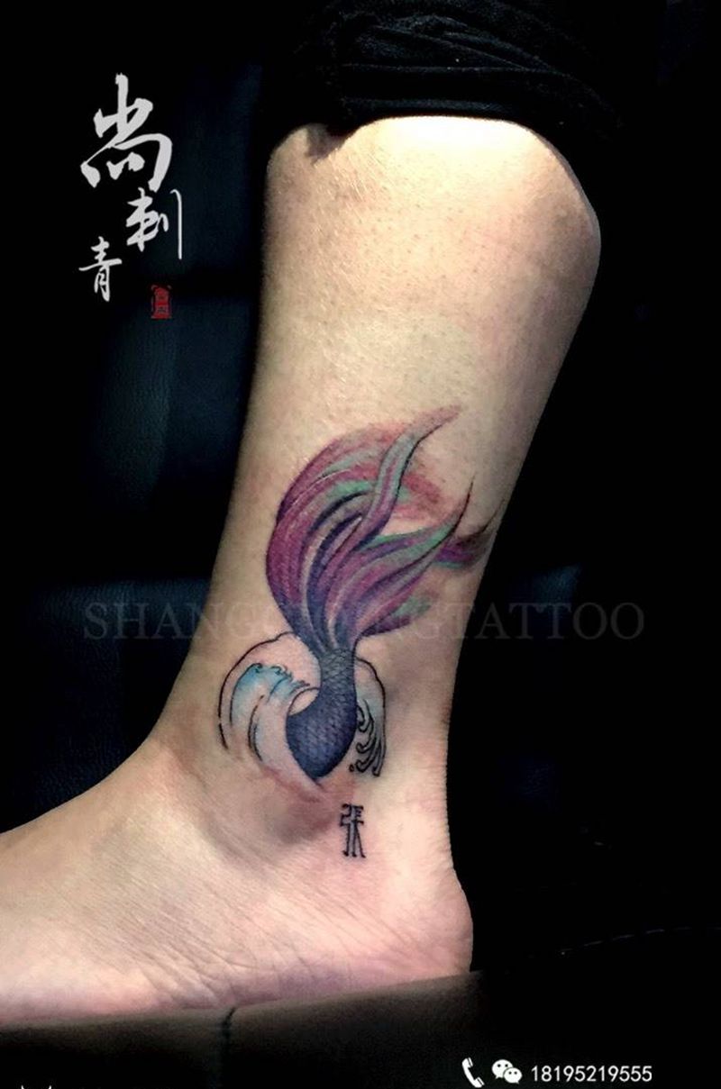 美人鱼纹身图片_成品腿部欧美清新纹身图案