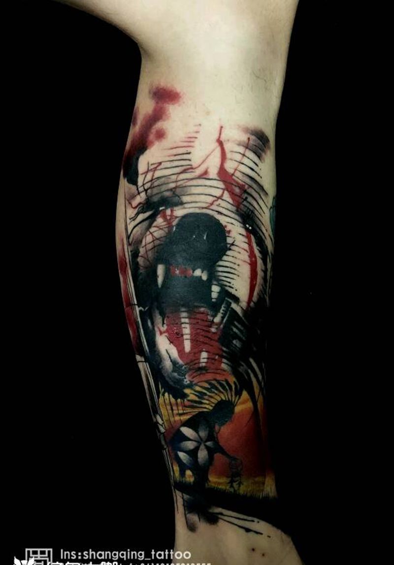 熊纹身图片_腿部欧美成品纹身图案