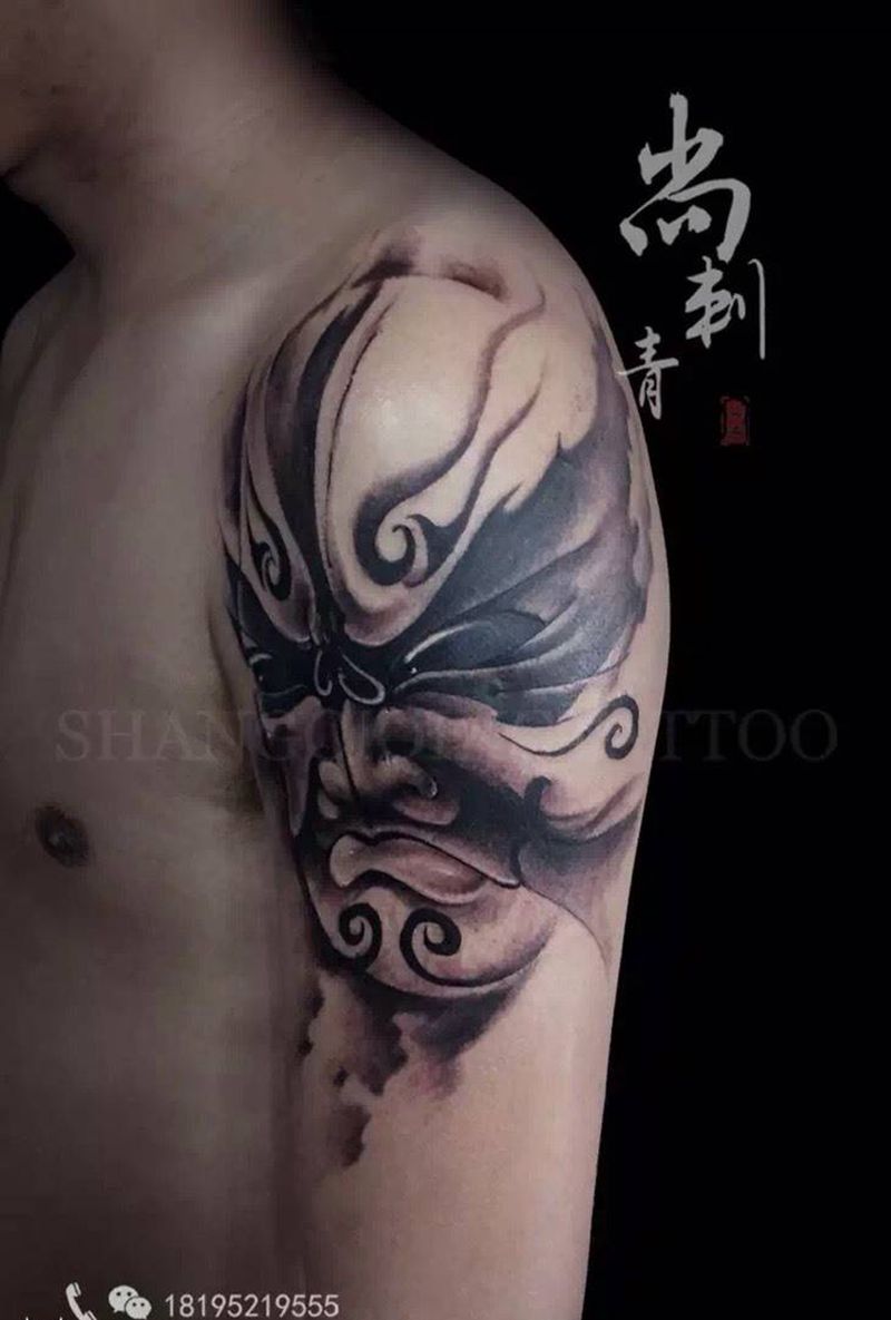 京剧脸谱纹身图片_成品肩部手臂欧美国画人物纹身图案