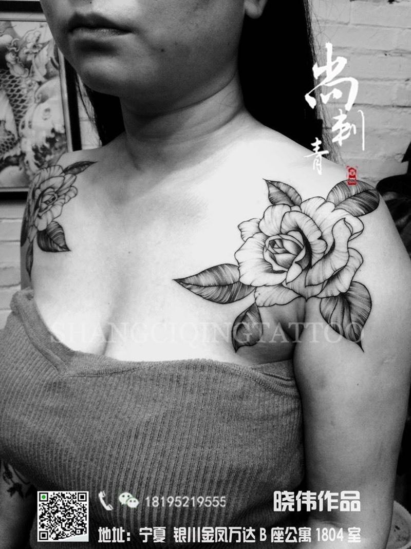肩花纹身图片_成品肩部清新植物欧美纹身图案