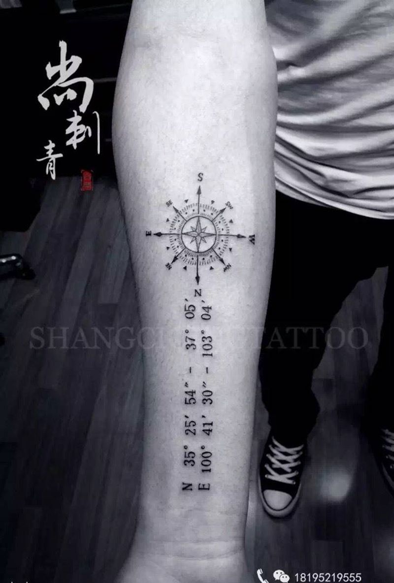 指南针，坐标纹身图片_成品手臂清新欧美字符几何纹身图案