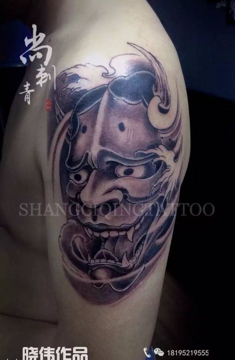 般若纹身图片_成品肩部传统鬼神纹身图案