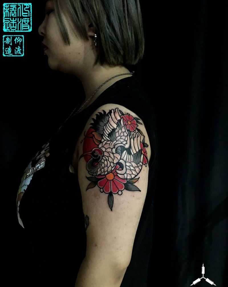 仙鹤作品  首席纹身师作品纹身图片_手臂老传统上臂仙鹤日式老传统纹身图案