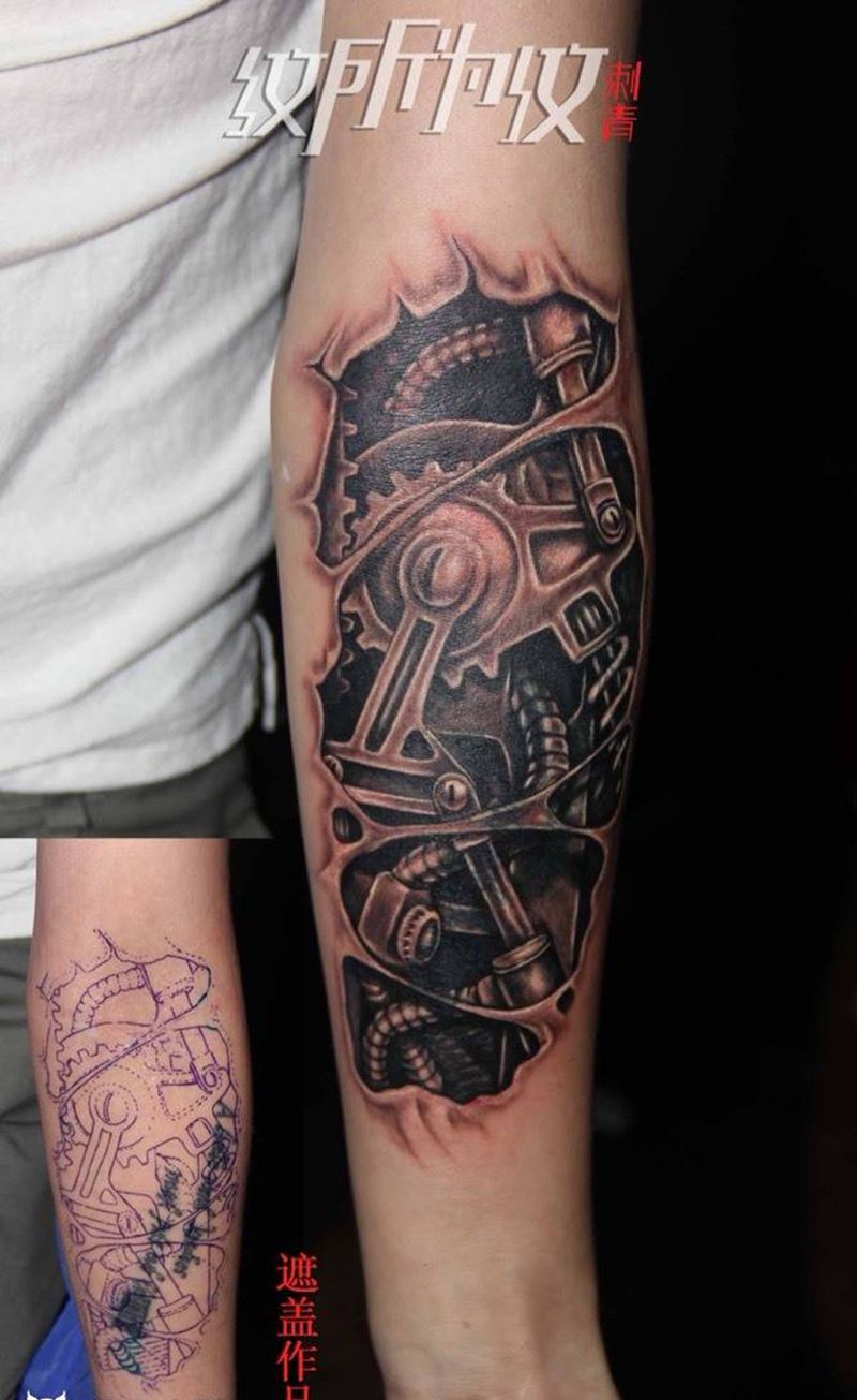 机械遮盖作品纹身图片