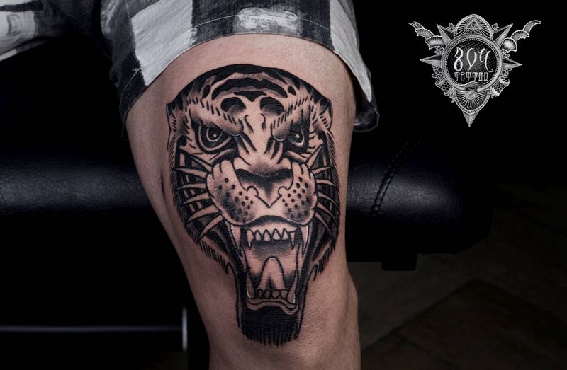 Oldschool虎头纹身图片_腿部Old School纹身图案