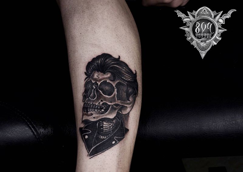 Oldschool油头骷髅纹身图片_腿部Old School纹身图案