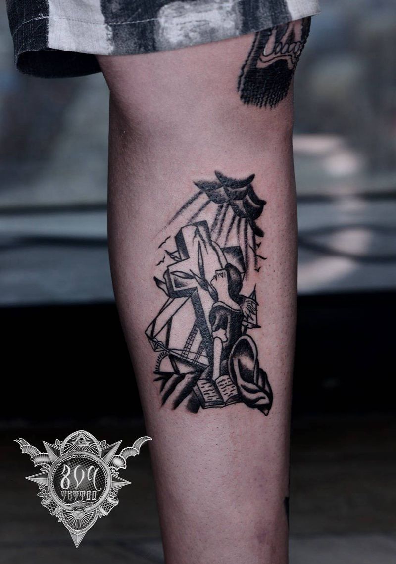 黑灰oldschool纹身图片_腿部Old School纹身图案