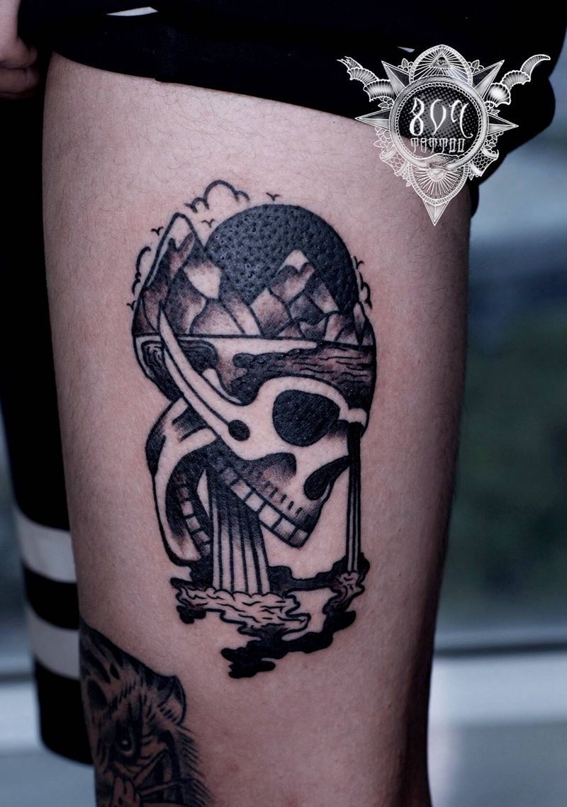 黑灰oldschool纹身图片_腿部Old School纹身图案