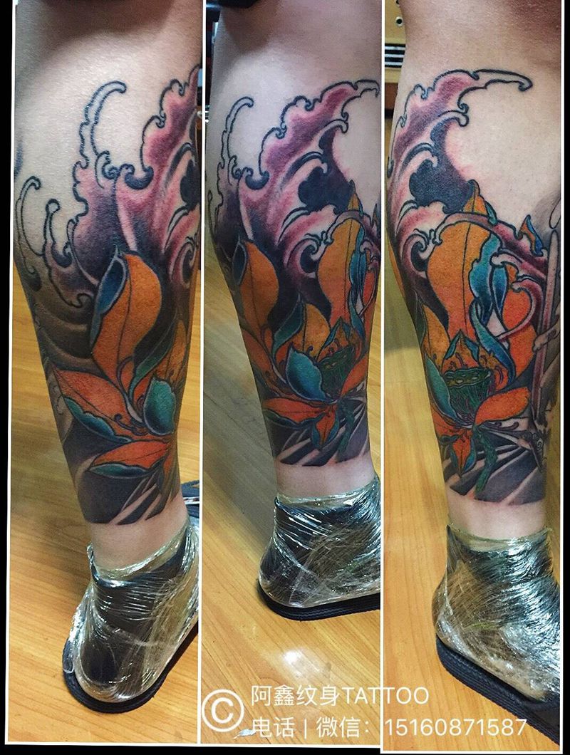 水浪 荷花纹身图片