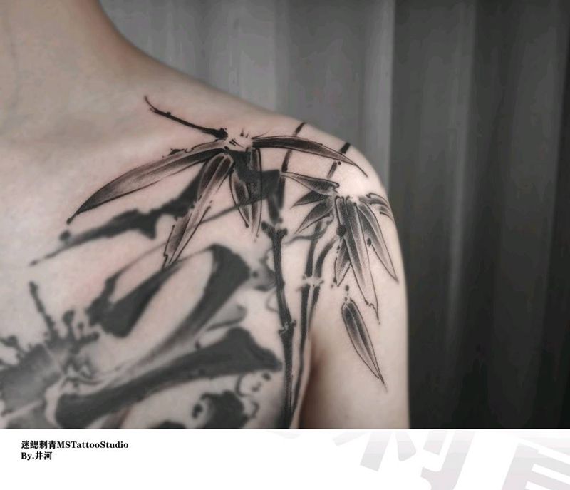 竹叶添加纹身图片_肩部水墨纹身图案