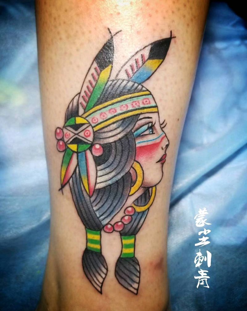 吉普赛女人头纹身图片_腿部欧美人物成品纹身图案
