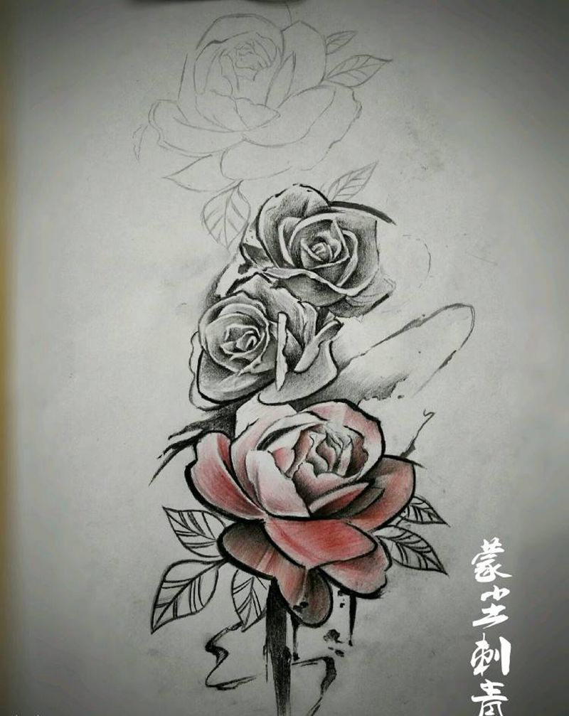 水墨玫瑰纹身图片