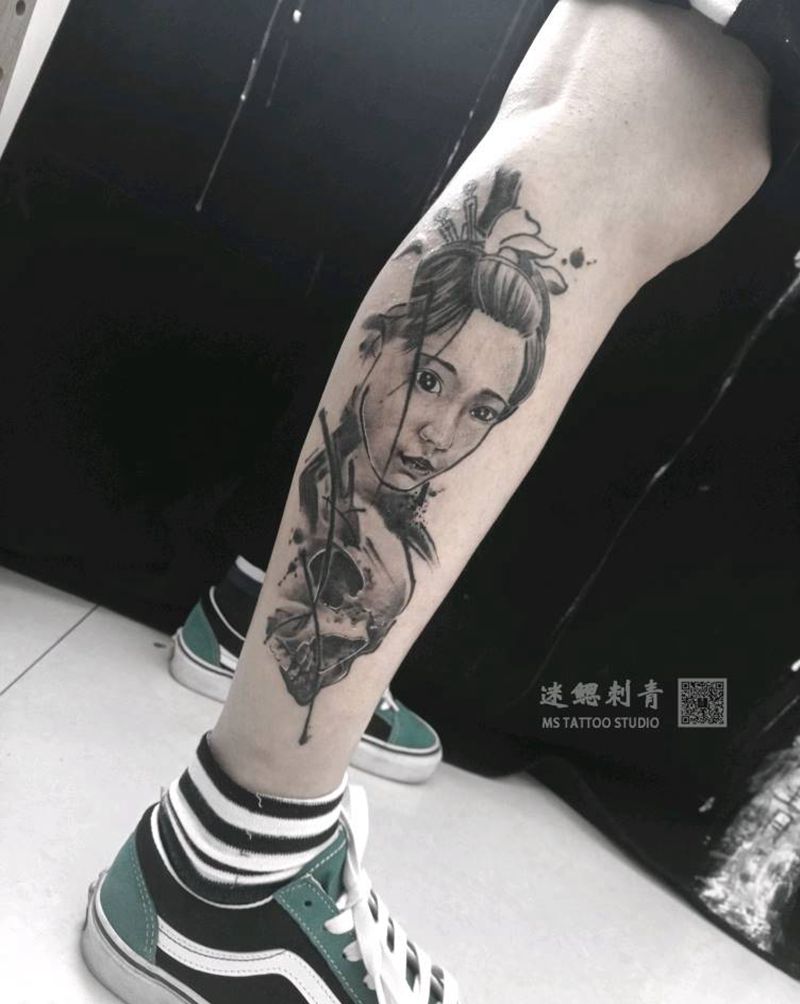 艺妓骷髅纹身图片_腿部水墨纹身图案