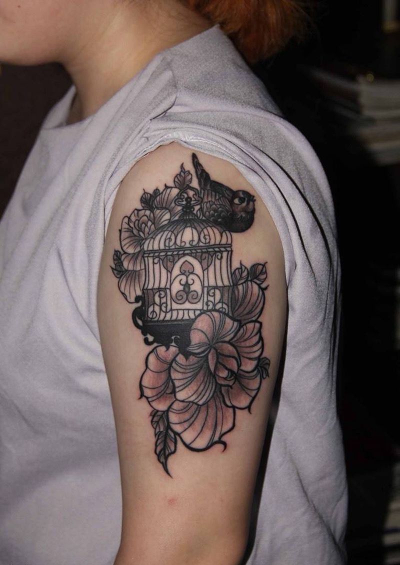 鸟笼和花纹身图片