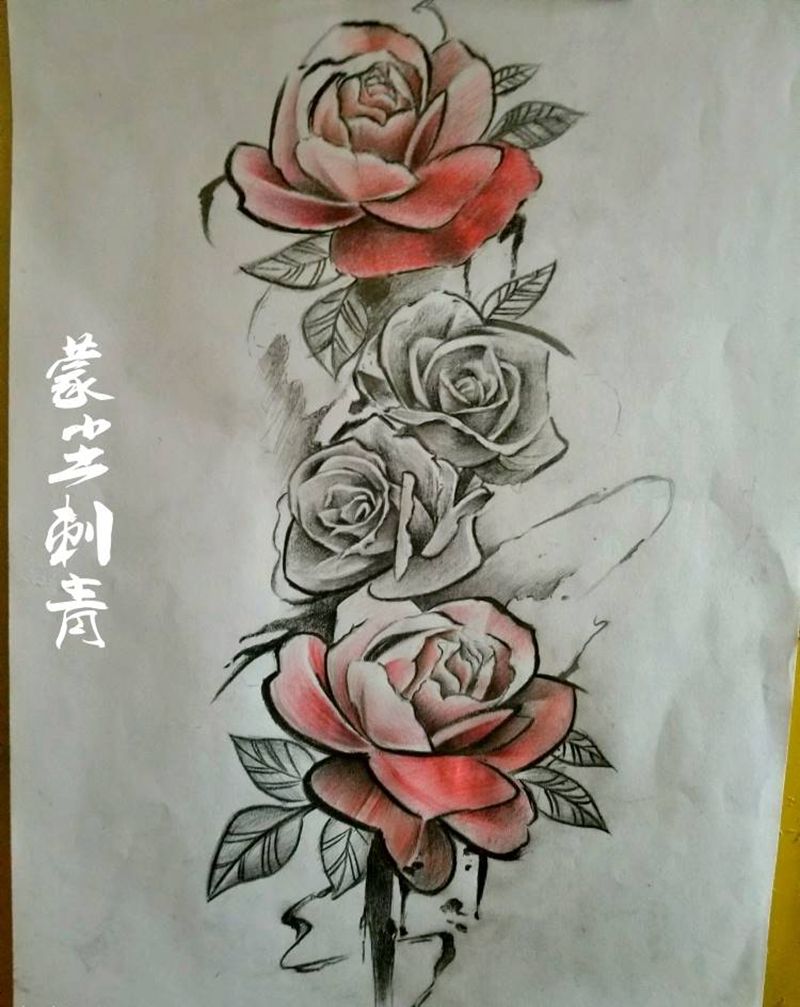 玫瑰花手稿纹身图片_胸部腹部腰部手臂腿部脚部国画植物成品手稿纹身图案