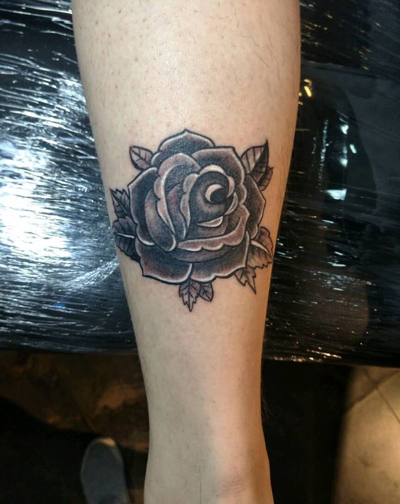 小腿玫瑰纹身图片