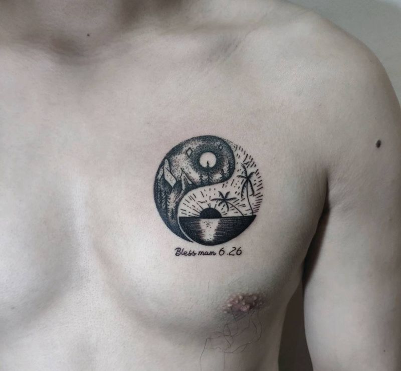 太极纹身图片_胸部点刺图腾太极纹身图案