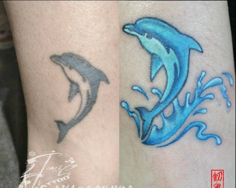 原图修改海豚纹身图片_腿部手部欧美动物原创性感美女成品纹身图案
