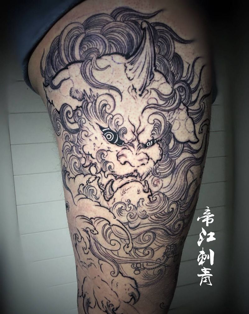 唐狮纹身图片_腿部新传统纹身图案