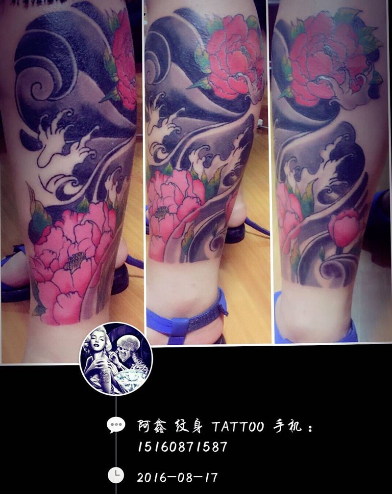 小腿#牡丹#纹身图片_成品腿部传统植物纹身图案