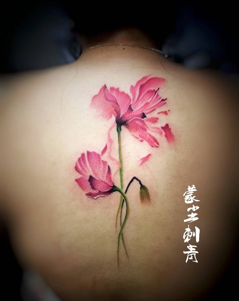 罂粟花纹身图片_背部颈部水彩纹身图案