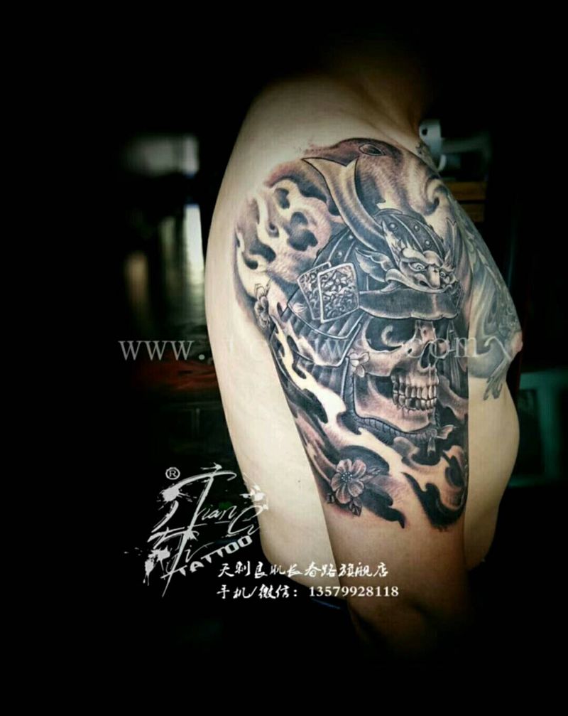 骷髅鬼武士纹身图片_肩部手臂传统人物鬼神成品纹身图案