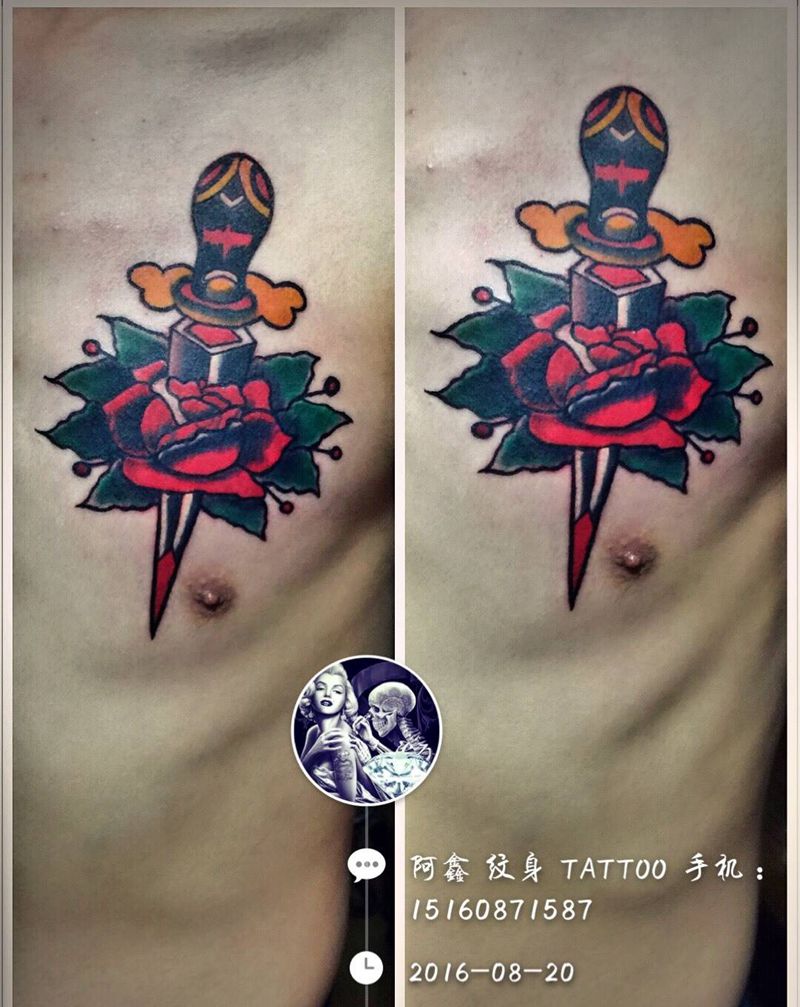 遮盖作品#old schoo#纹身图片_成品胸部欧美植物纹身图案