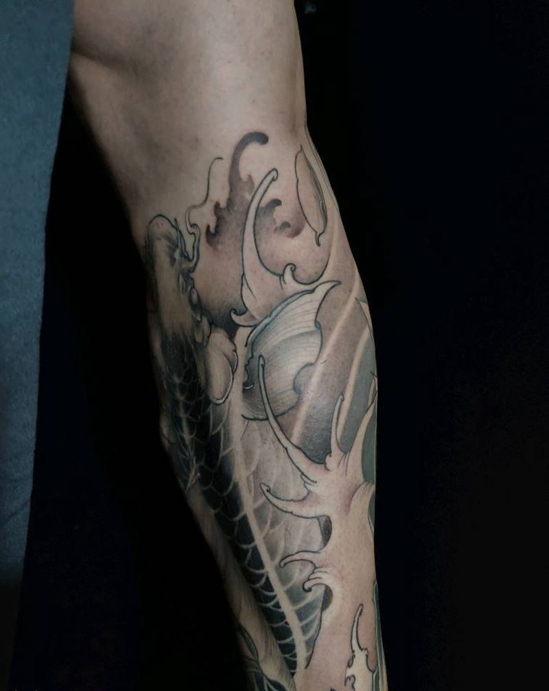 鲤鱼包小腿完成纹身图片_腿部新传统纹身图案