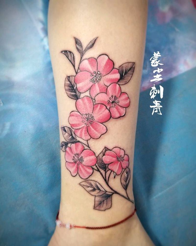 小腿彩色五瓣花花纹身图片_腿部传统植物成品纹身图案