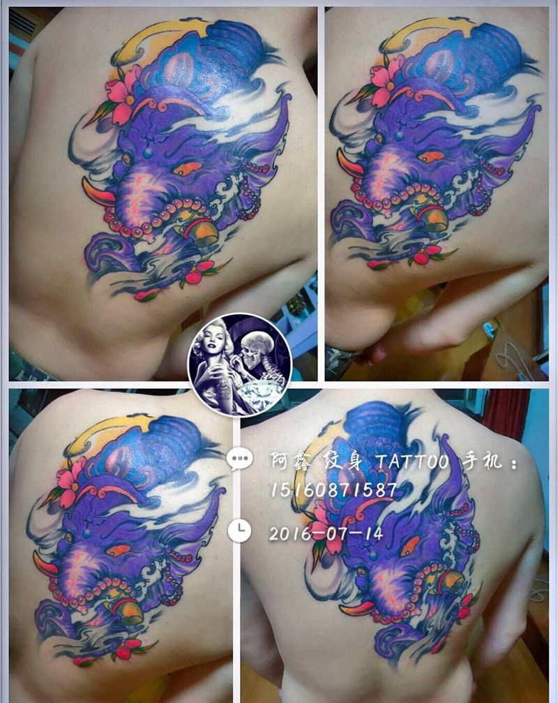 背部#象神遮盖#纹身图片_成品背部传统动物纹身图案