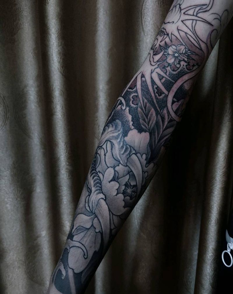 花臂未完成纹身图片_手臂新传统纹身图案