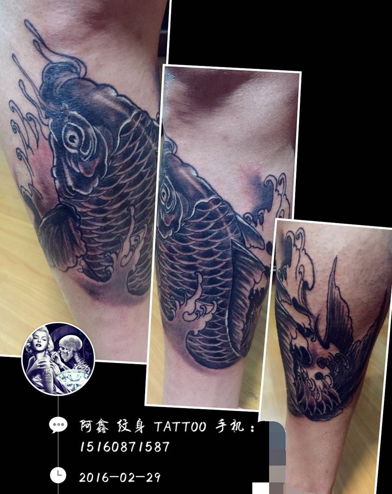 小腿#鲤鱼遮盖胎记#纹身图片_成品腿部传统动物纹身图案