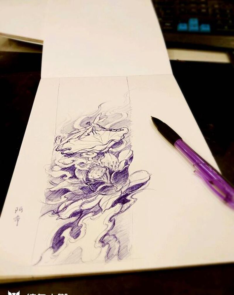 莲纹身图片_传统手稿纹身图案