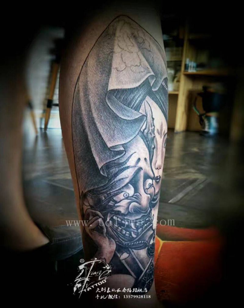 小腿艺伎纹身图片_成品传统人物腿部纹身图案