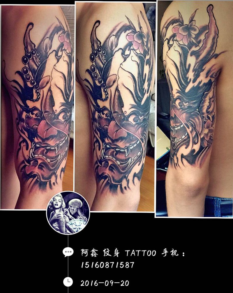 大臂#般若#纹身图片_成品手臂传统鬼神纹身图案