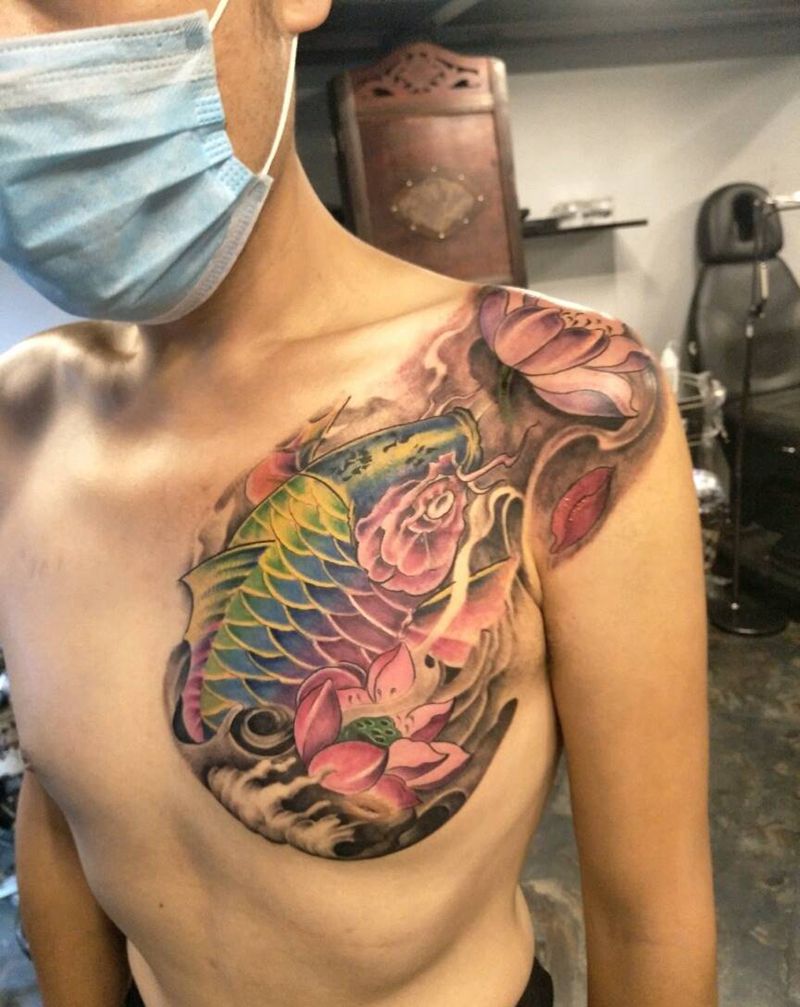 彩色大鱼，纹身图片_肩部胸部背部腿部传统动物成品纹身图案