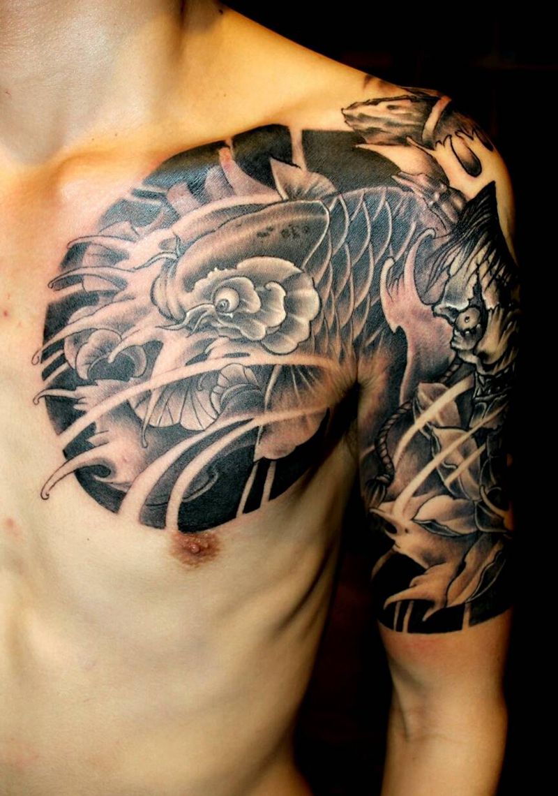 般若鱼半胛。纹身图片_肩部胸部手臂传统动物鬼神成品纹身图案