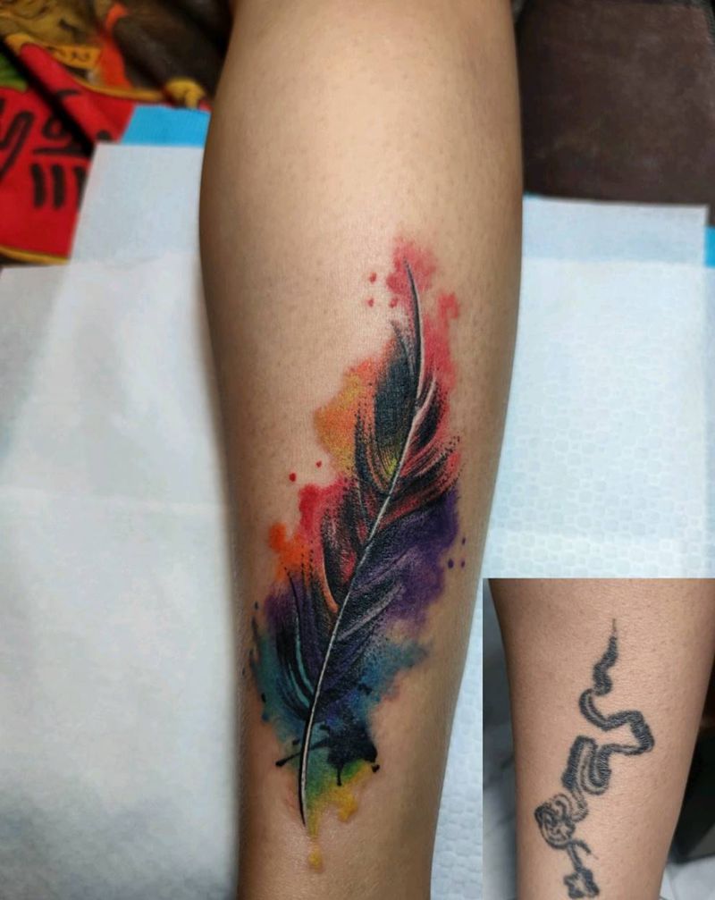 遮盖纹身图片_腿部水彩水墨纹身图案