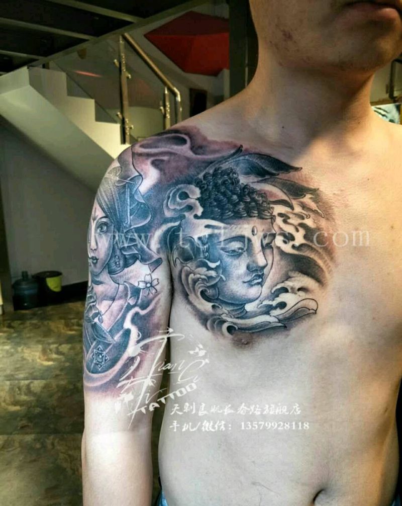半胛佛纹身图片_胸部手臂传统人物鬼神宗教成品纹身图案