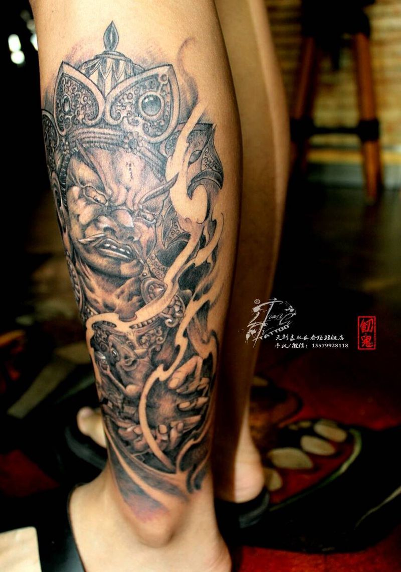 黄财神纹身图片_腿部传统鬼神宗教成品纹身图案