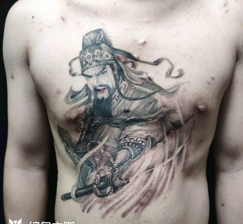关二爷纹身图片_胸部新传统关公纹身图案