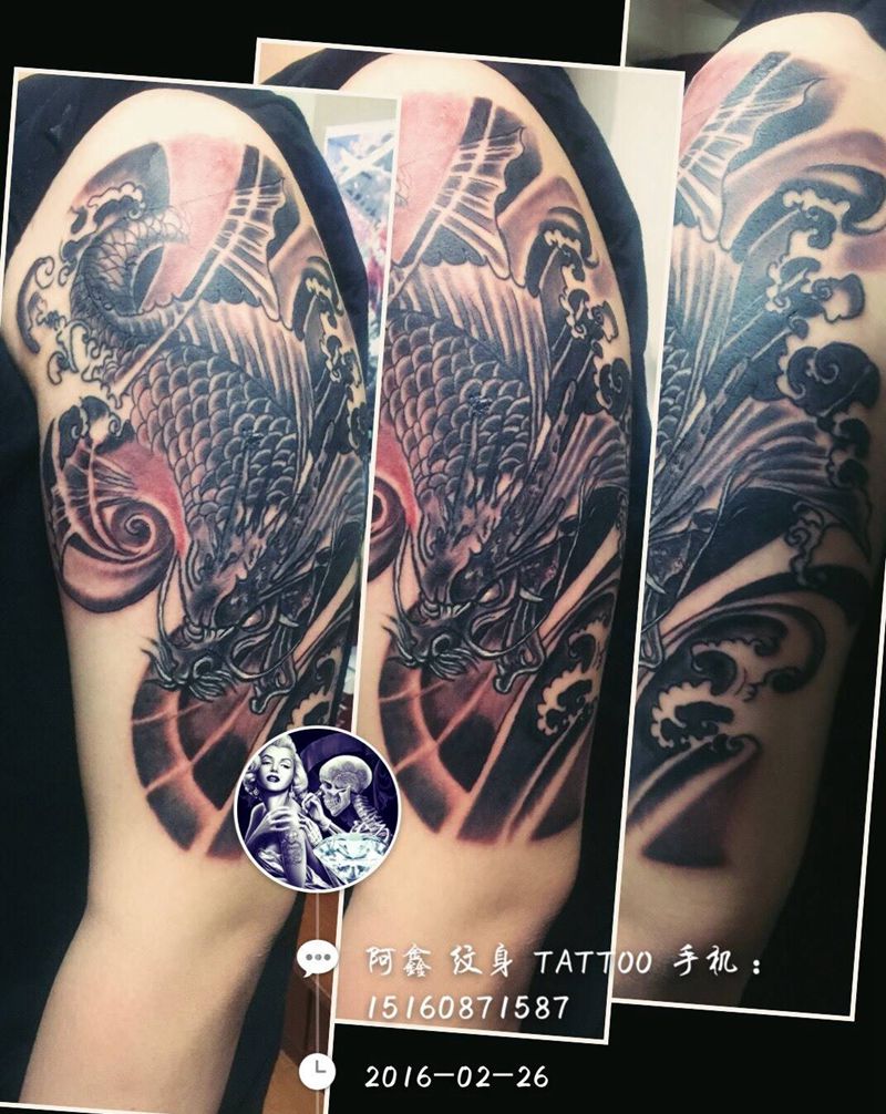 大臂#鳌鱼#纹身图片_成品手臂传统动物纹身图案