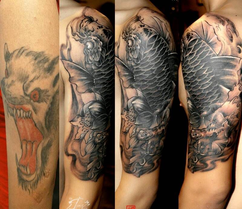 遮盖鱼纹身图片_手臂传统动物自拍成品纹身图案